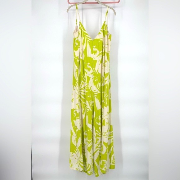 Vici Wide Leg Jumpsuit Sz XL Lime Green Cream Low Back Floral Resort Beach Vacay - Picture 3 of 11